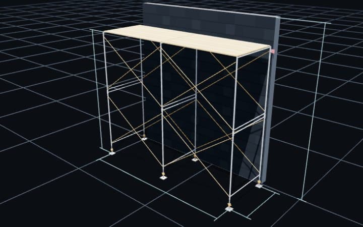 3D preview of the scaffolding calculator showing a masonry pipe scaffold against a wall